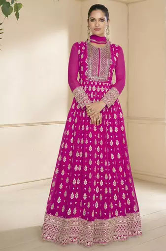 trendy banarasi silk pink anarkali suit for women festival wear