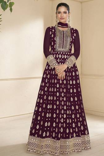 trendy banarasi silk purple anarkali suit for women festival wear