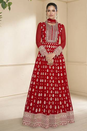trendy banarasi silk red anarkali suit for women festival wear