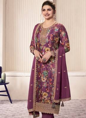 floral printed magenta long suit for women chinon fabric 1