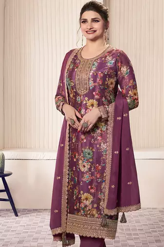 floral printed magenta long suit for women chinon fabric