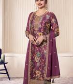 floral printed magenta long suit for women chinon fabric