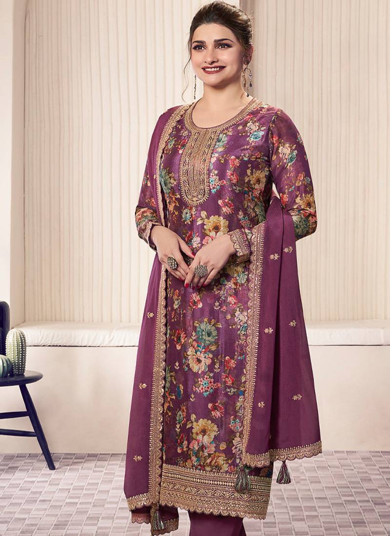 floral printed magenta long suit for women chinon fabric