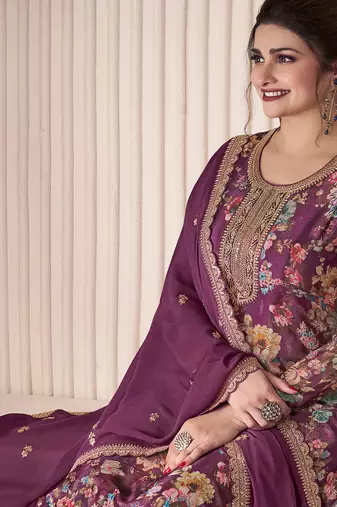 floral printed magenta long suit for women chinon fabric