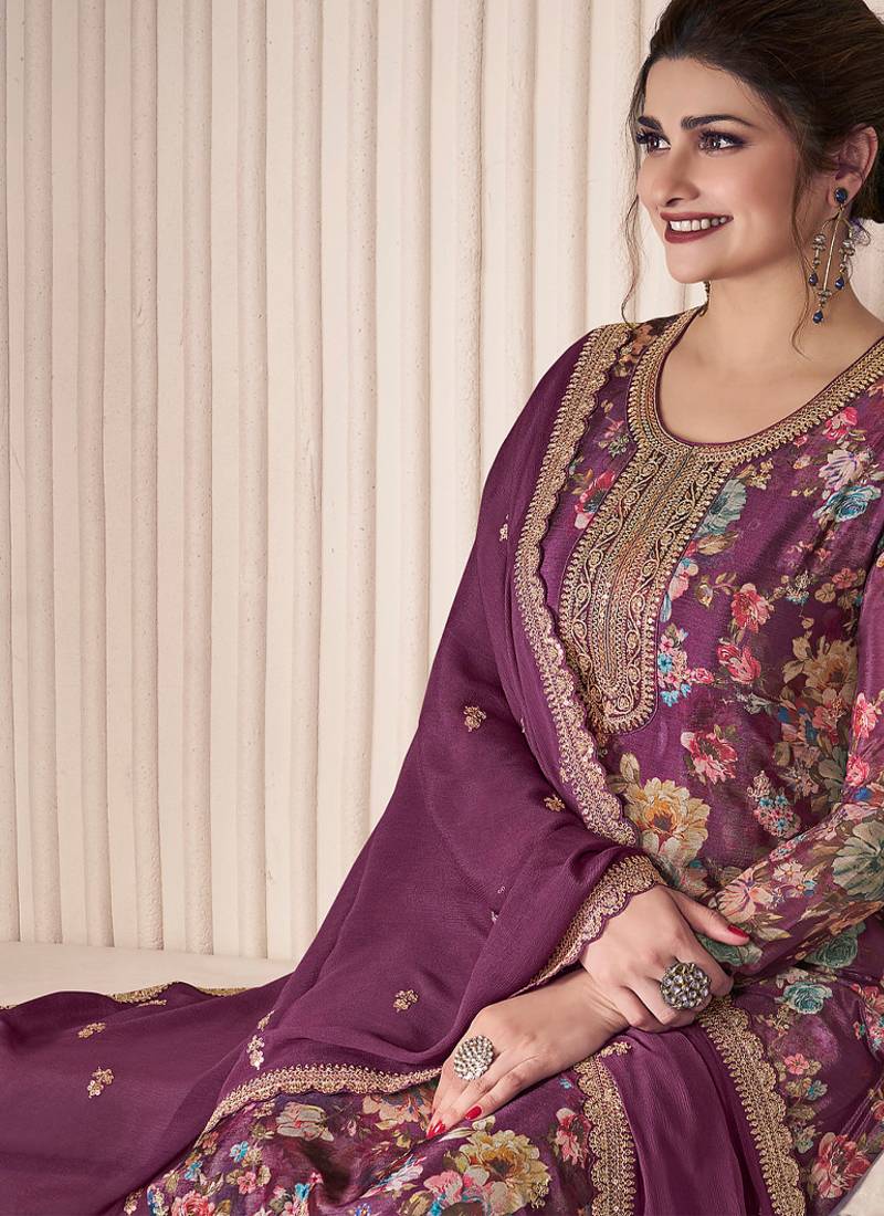 floral printed magenta long suit for women chinon fabric