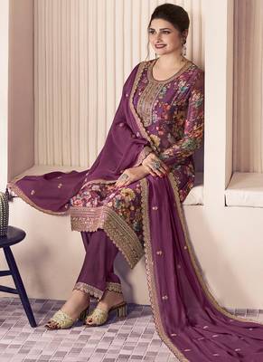 floral printed magenta long suit for women chinon fabric 3