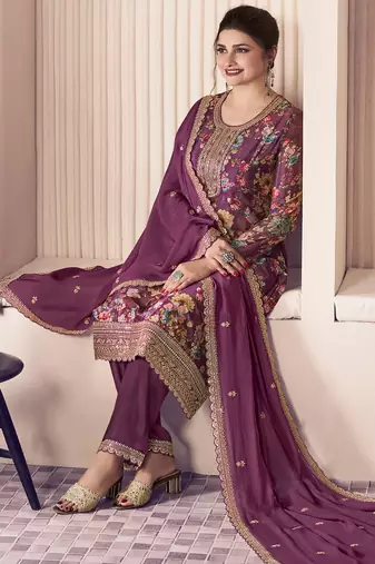 floral printed magenta long suit for women chinon fabric
