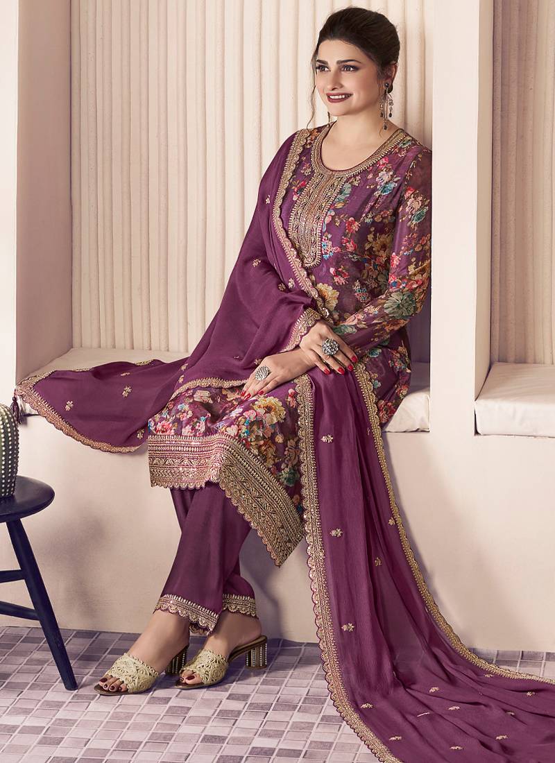 floral printed magenta long suit for women chinon fabric