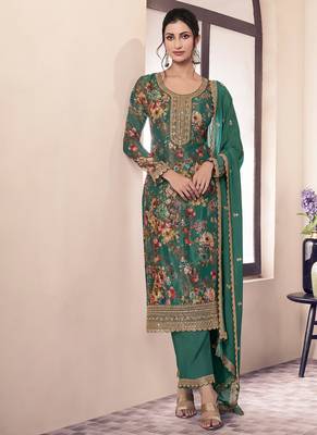 floral printed green long suit for women chinon fabric 1