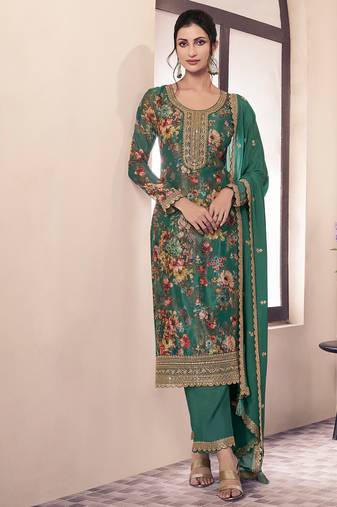 floral printed green long suit for women chinon fabric