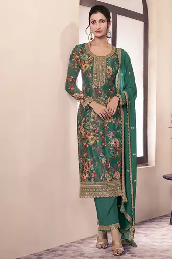 floral printed green long suit for women chinon fabric