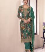 floral printed green long suit for women chinon fabric