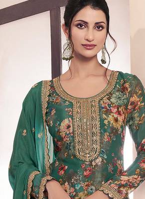 floral printed green long suit for women chinon fabric 2