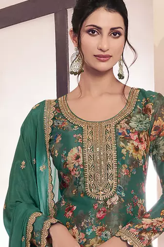 floral printed green long suit for women chinon fabric