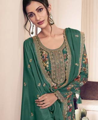 floral printed green long suit for women chinon fabric 3