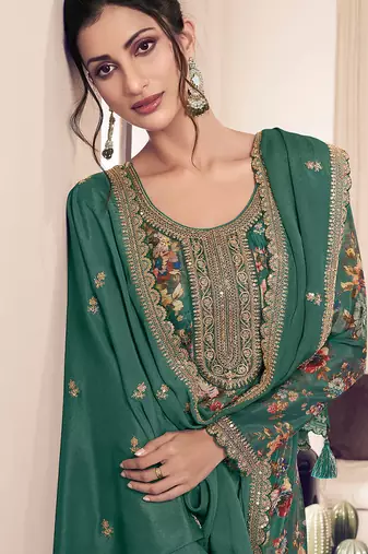 floral printed green long suit for women chinon fabric