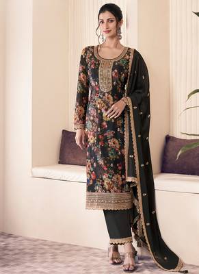 floral printed black long suit for women chinon fabric 1