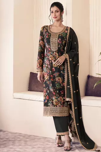 floral printed black long suit for women chinon fabric