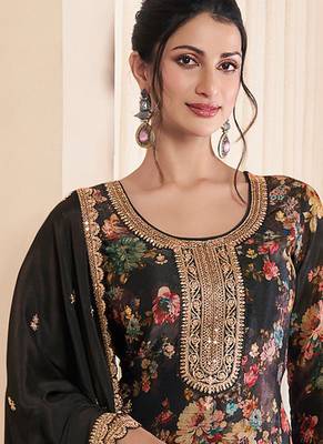 floral printed black long suit for women chinon fabric 2