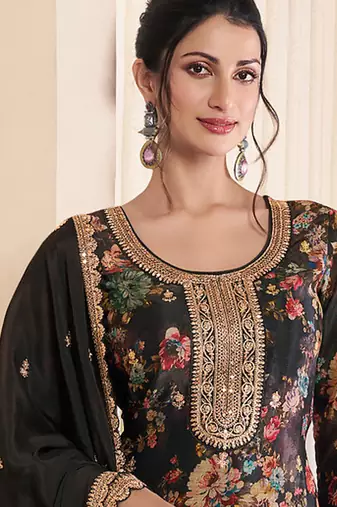 floral printed black long suit for women chinon fabric