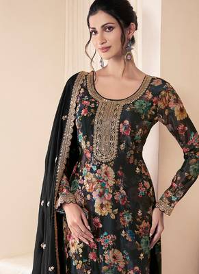 floral printed black long suit for women chinon fabric 3