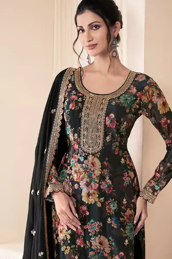 floral printed black long suit for women chinon fabric