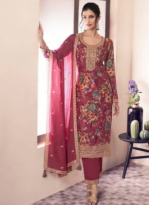 floral printed red long suit for women chinon fabric 1