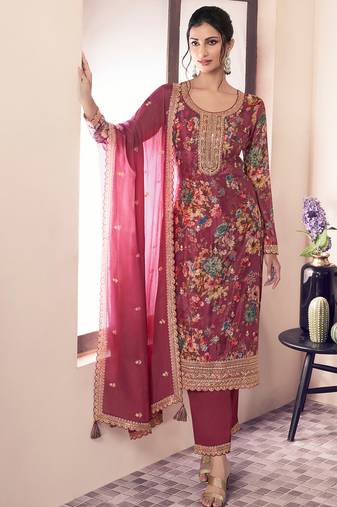 floral printed red long suit for women chinon fabric