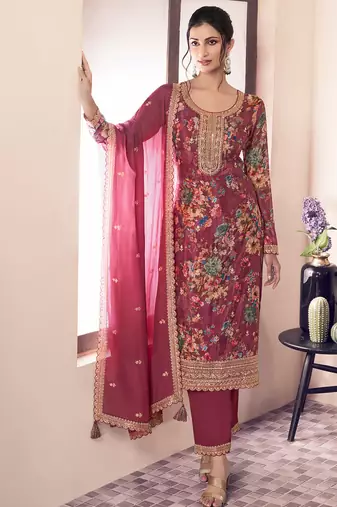 floral printed red long suit for women chinon fabric