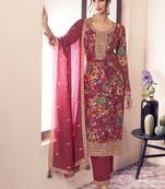 floral printed red long suit for women chinon fabric