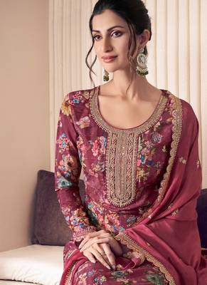 floral printed red long suit for women chinon fabric 2