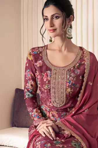floral printed red long suit for women chinon fabric