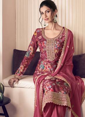 floral printed red long suit for women chinon fabric 3