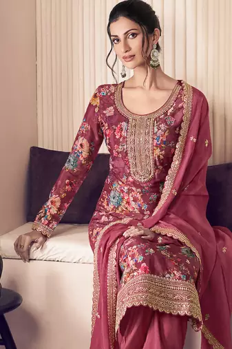 floral printed red long suit for women chinon fabric