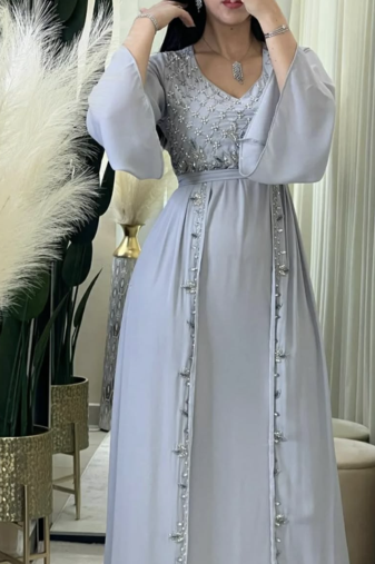 Elegant Silver Grey Moroccan Stitched Kaftan with Pearl Hand Embroidery | Premium Satin Finish Dress