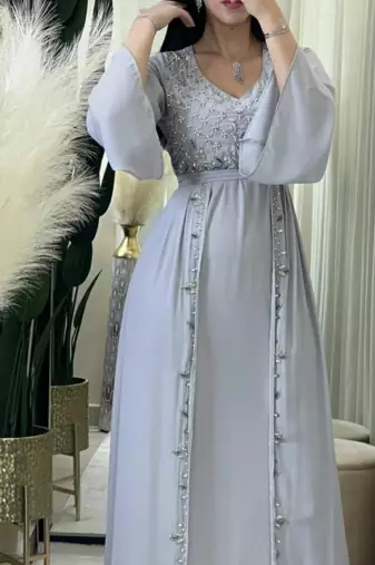 Elegant Silver Grey Moroccan Stitched Kaftan with Pearl Hand Embroidery | Premium Satin Finish Dress