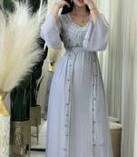 Elegant Silver Grey Moroccan Stitched Kaftan with Pearl Hand Embroidery | Premium Satin Finish Dress