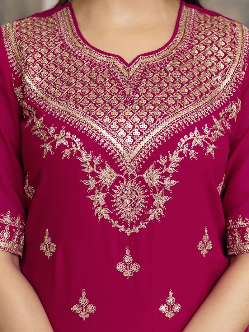 Pink New Georgette Embroidery Kurta Sharara Set with Dupatta
