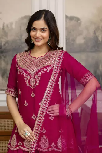 Trendmalls Pink New Georgette Embroidery Kurta Sharara Set with Dupatta
