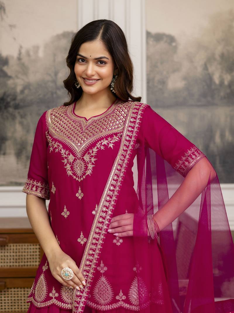 Pink New Georgette Embroidery Kurta Sharara Set with Dupatta