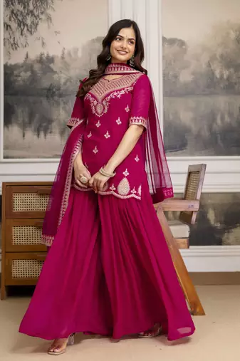 Trendmalls Pink New Georgette Embroidery Kurta Sharara Set with Dupatta
