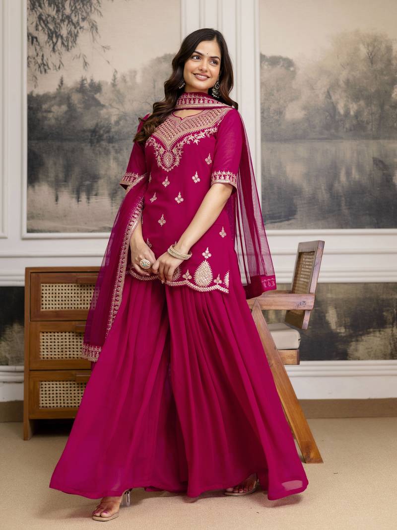 Pink New Georgette Embroidery Kurta Sharara Set with Dupatta