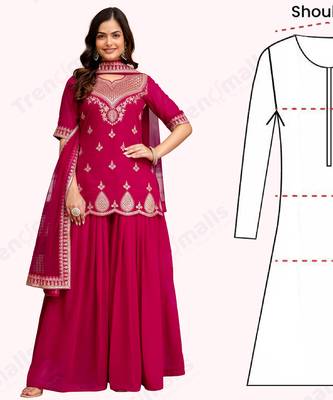 Trendmalls Pink New Georgette Embroidery Kurta Sharara Set with Dupatta 8