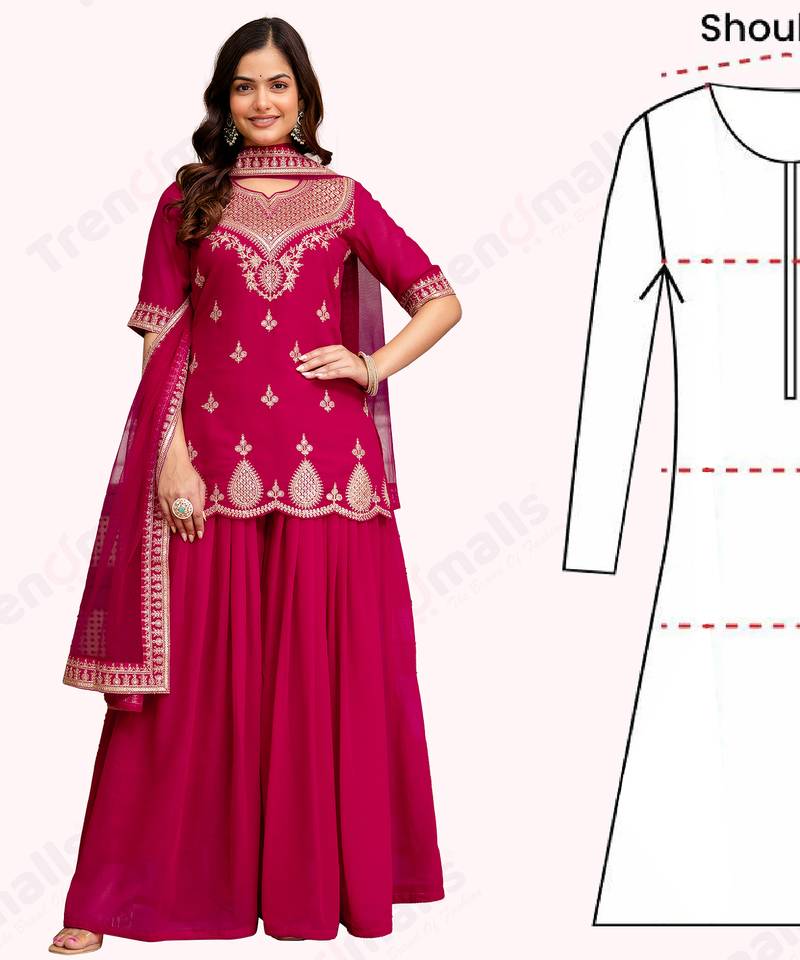 Pink New Georgette Embroidery Kurta Sharara Set with Dupatta