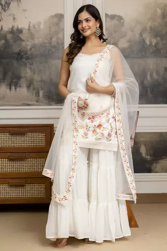Trendmalls Georgette Embroidery Sequence Work Kurta Sharara Set with Dupatta
