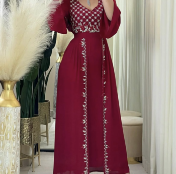 Royal Maroon Moroccan Stitched Kaftan with Silver Hand Embroidery | Elegant Satin Long Dress for Women 1