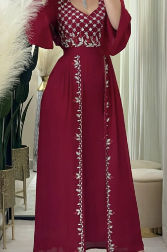 Royal Maroon Moroccan Stitched Kaftan with Silver Hand Embroidery | Elegant Satin Long Dress for Women