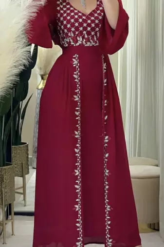 Royal Maroon Moroccan Stitched Kaftan with Silver Hand Embroidery | Elegant Satin Long Dress for Women