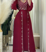 Royal Maroon Moroccan Stitched Kaftan with Silver Hand Embroidery | Elegant Satin Long Dress for Women