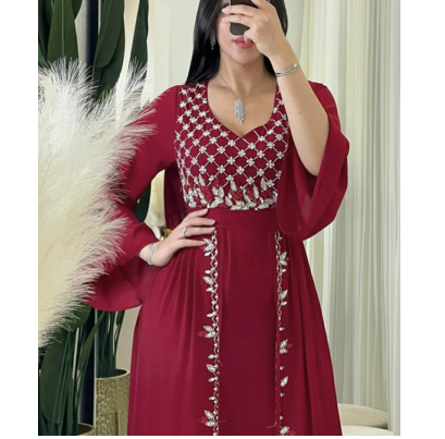 Royal Maroon Moroccan Stitched Kaftan with Silver Hand Embroidery | Elegant Satin Long Dress for Women 2